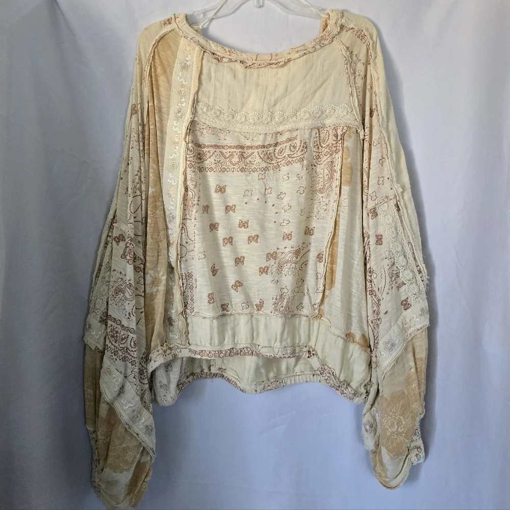Free People Boom Boom Tunic Oversized Cream and Tan Boho Blouse NEW - Picture 2 of 15